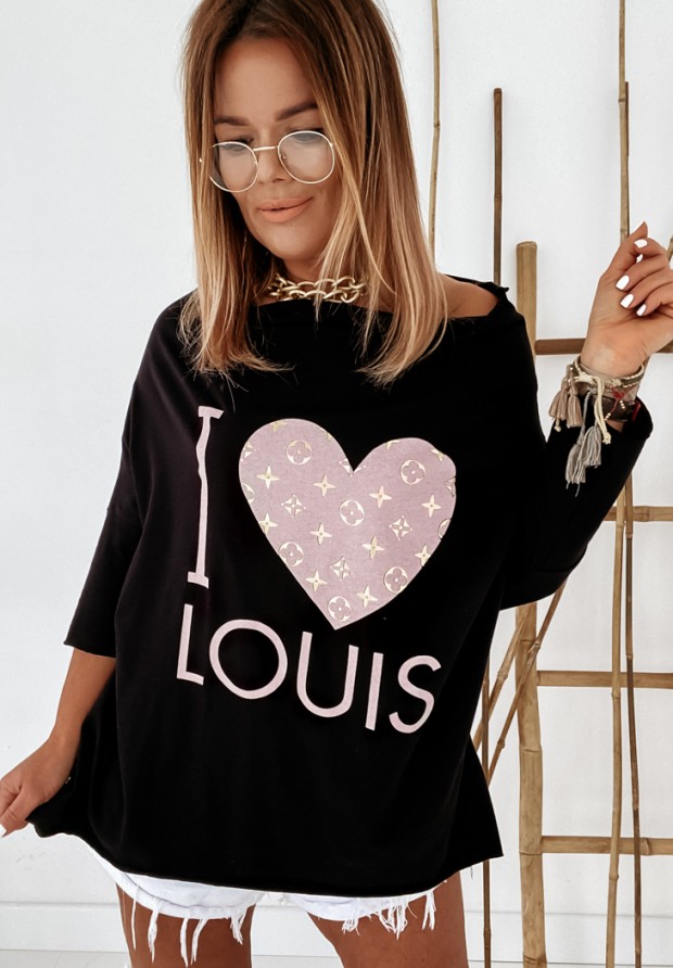 Bluse oversize z nadrukiem I Love Louis Schwarz