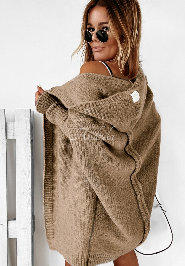 Lange Strickjacke oversize mit Kapuze und Wolle Montevista Braun