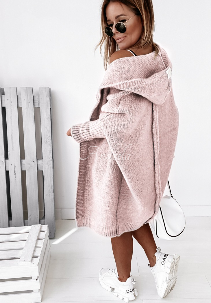 Lange Strickjacke oversize mit Kapuze und Wolle Montevista Puderrosa