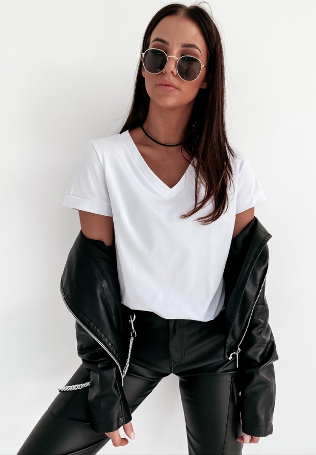 Bawełniany T-shirt z dekoltem w serek Lauren biały