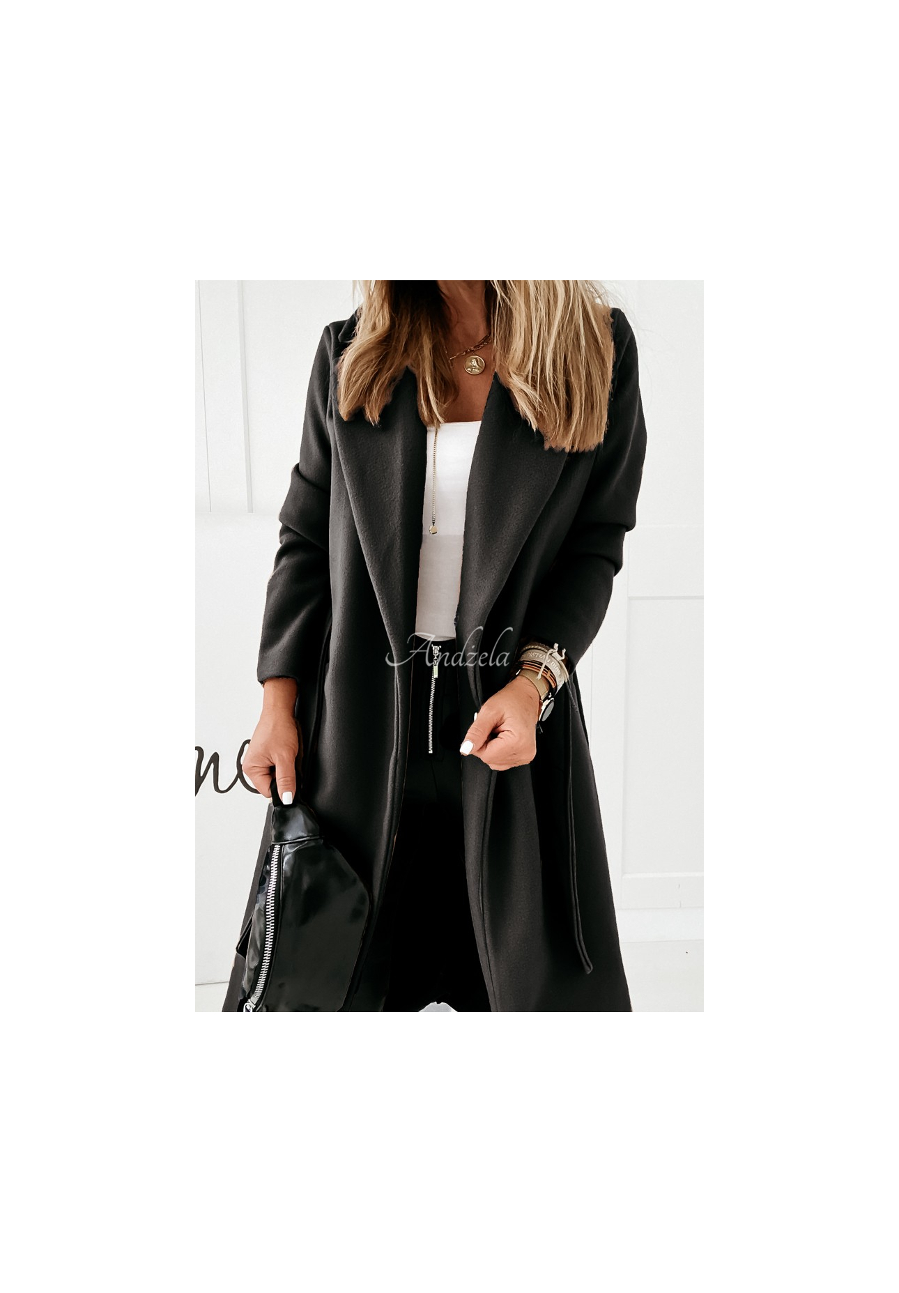 Langer Mantel mit Bindegürtel Sensual Schwarz