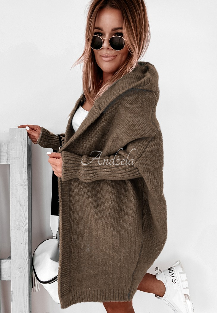 Lange Strickjacke oversize mit Kapuze und Wolle Montevista Schokoladenbraun