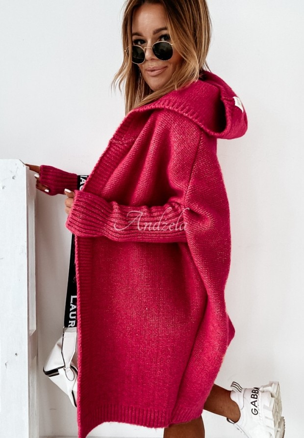 Lange Strickjacke oversize mit Kapuze und Wolle Montevista Fuchsia