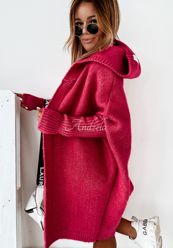 Lange Strickjacke oversize mit Kapuze und Wolle Montevista Fuchsia