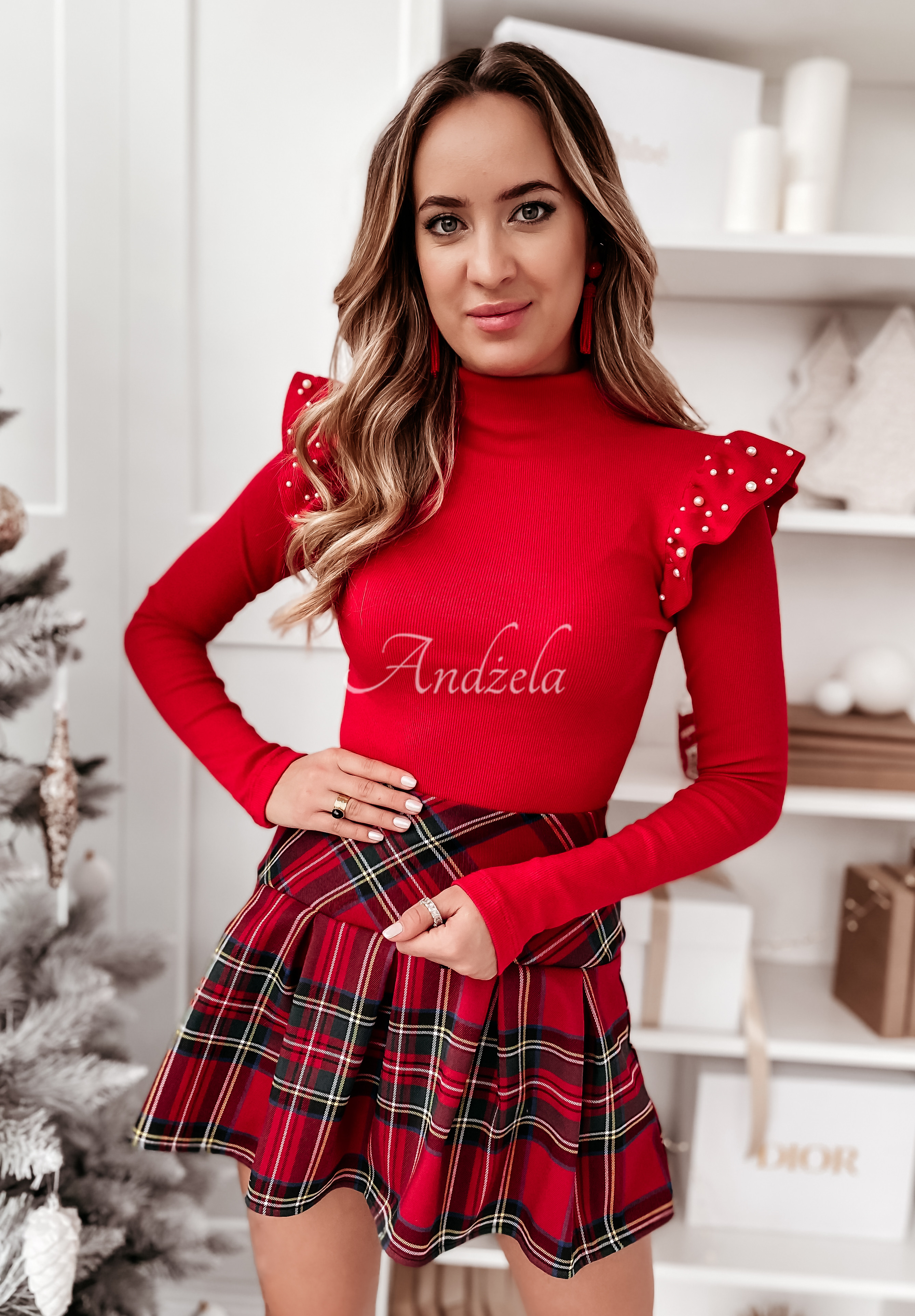 Gerippte Bluse mit Turtleneck Prima Red