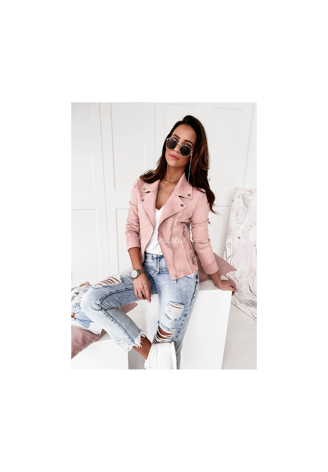 Bikerjacke aus Wildlederimitat Savage Hellpuderrosa