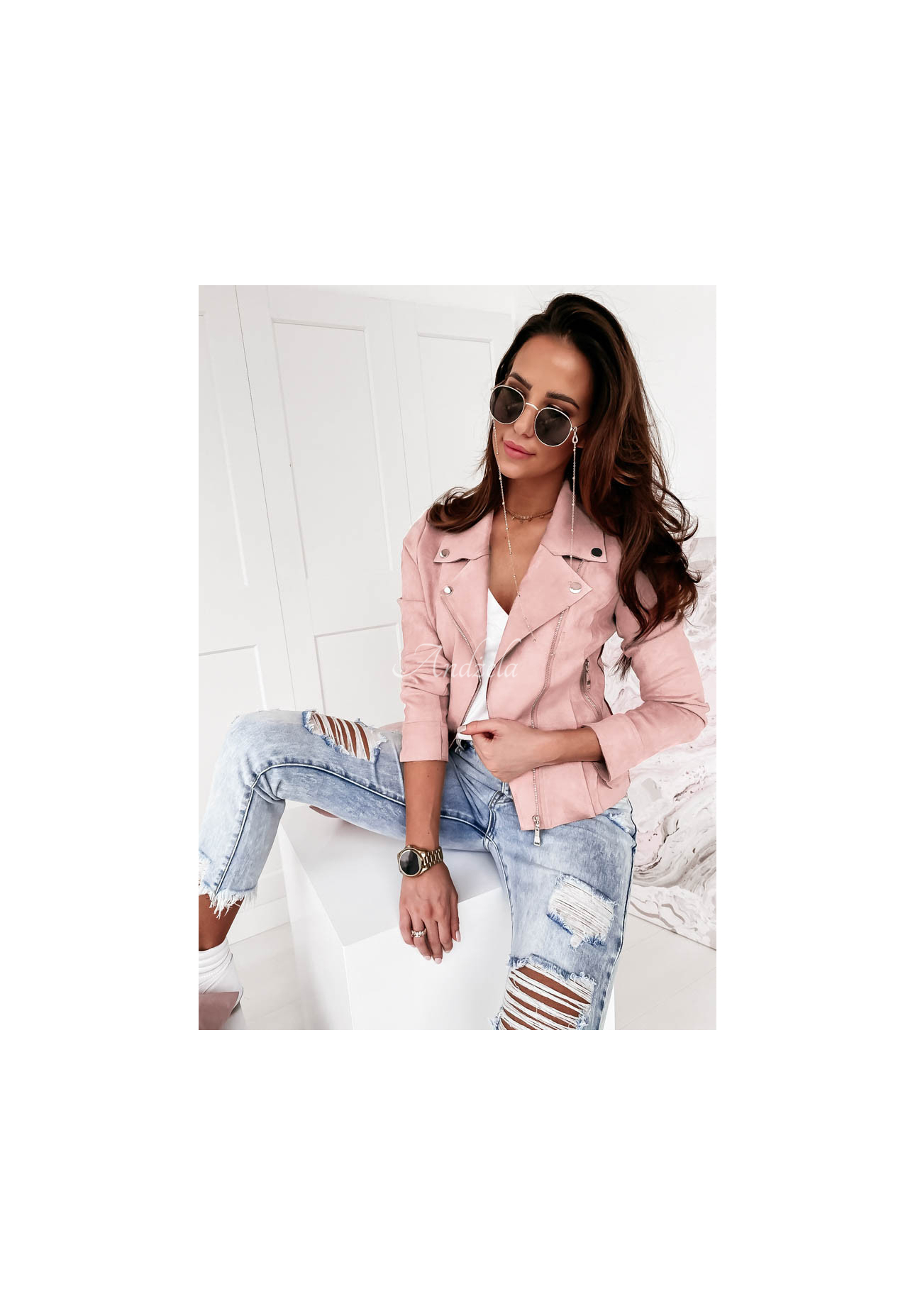 Bikerjacke aus Wildlederimitat Savage Hellpuderrosa