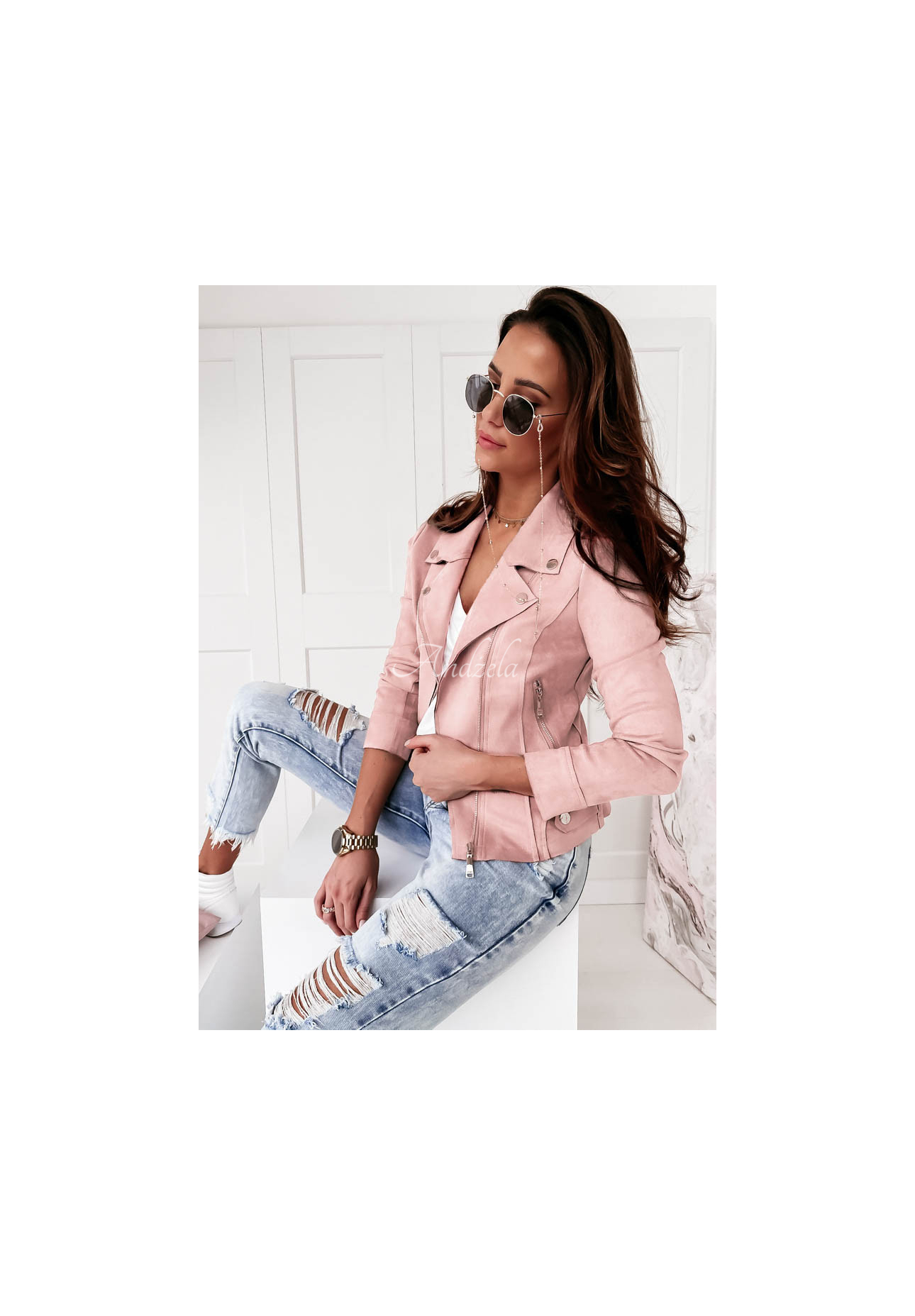 Bikerjacke aus Wildlederimitat Savage Hellpuderrosa