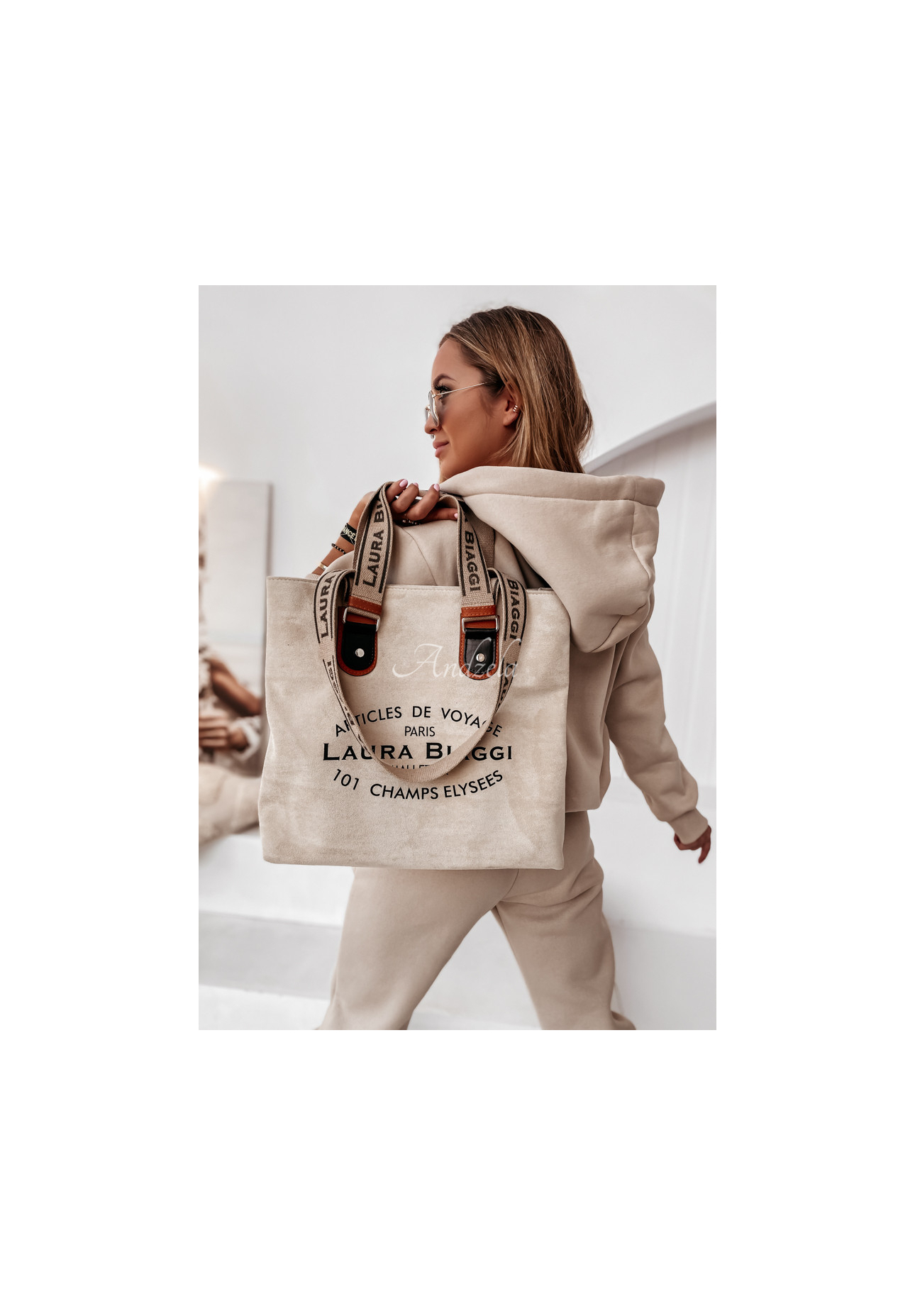 Schultertasche aus Wildlederimitat Voyage Beige