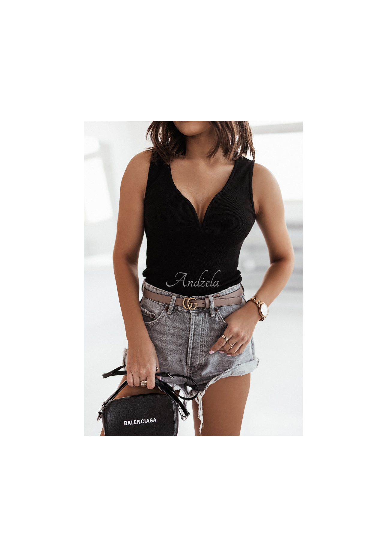 Gerippte Bluse mit Ausschnitt Amaro Schwarz