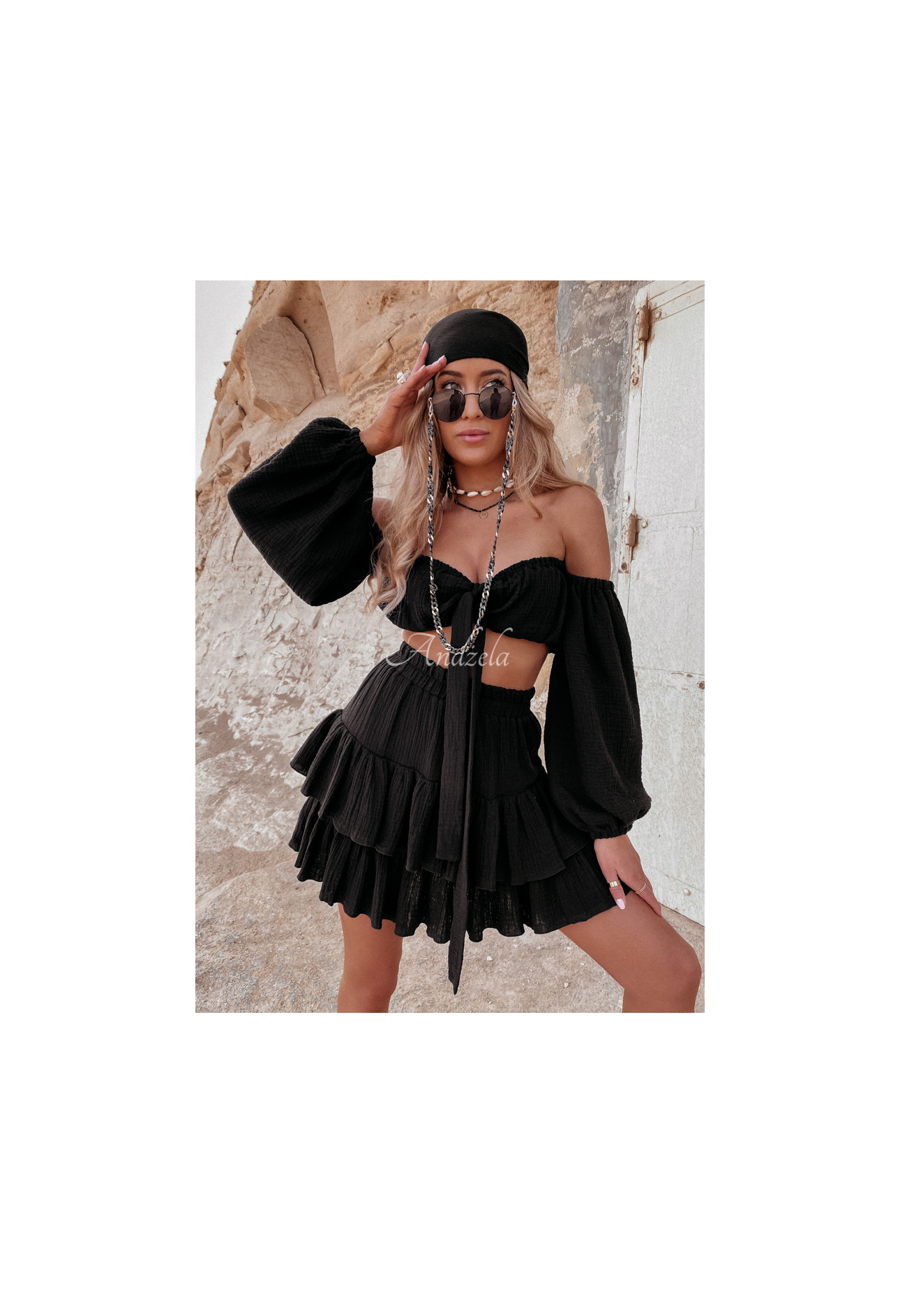 Musselinbluse im spanischen Stil mit Bindeband Malta Schwarz