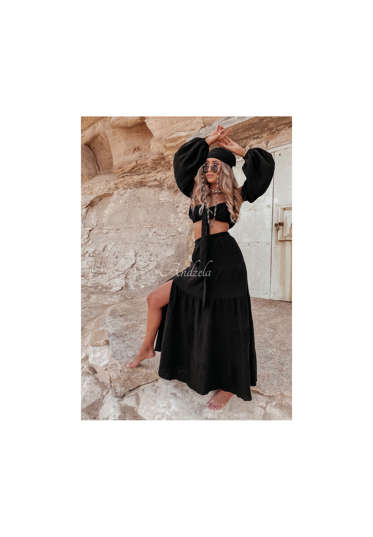 Musselinbluse im spanischen Stil mit Bindeband Malta Schwarz