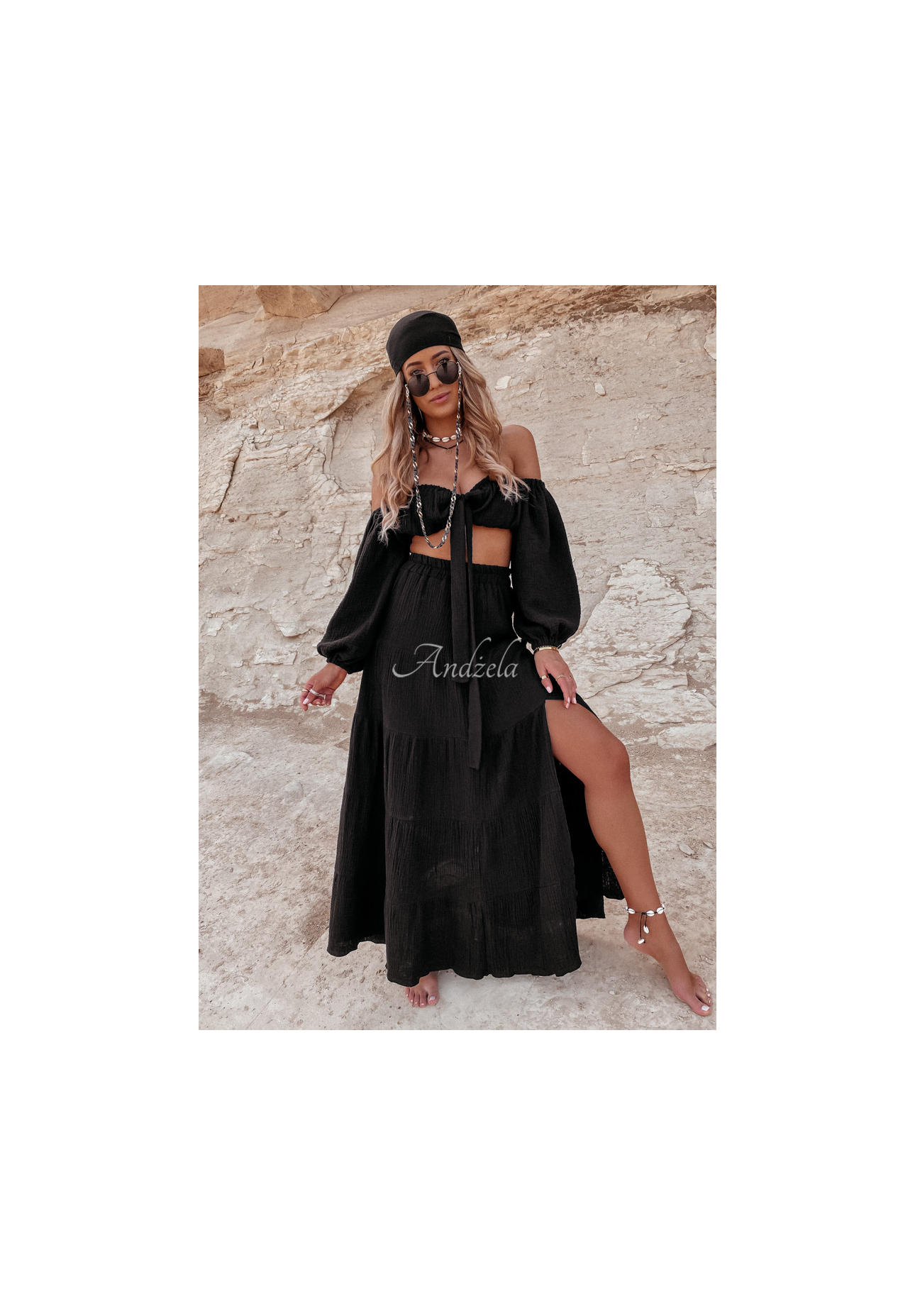 Musselinbluse im spanischen Stil mit Bindeband Malta Schwarz
