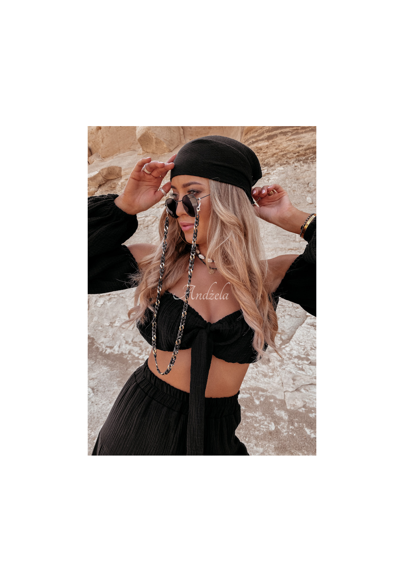 Musselinbluse im spanischen Stil mit Bindeband Malta Schwarz