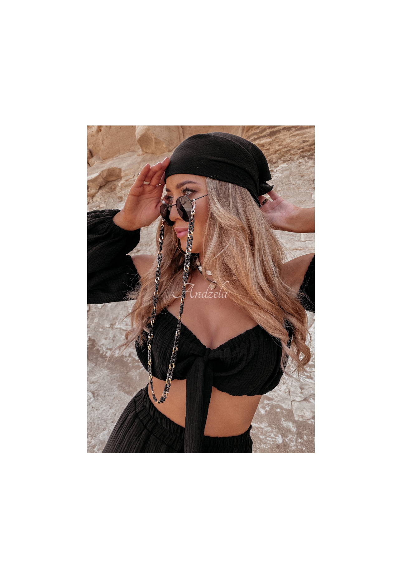 Musselinbluse im spanischen Stil mit Bindeband Malta Schwarz