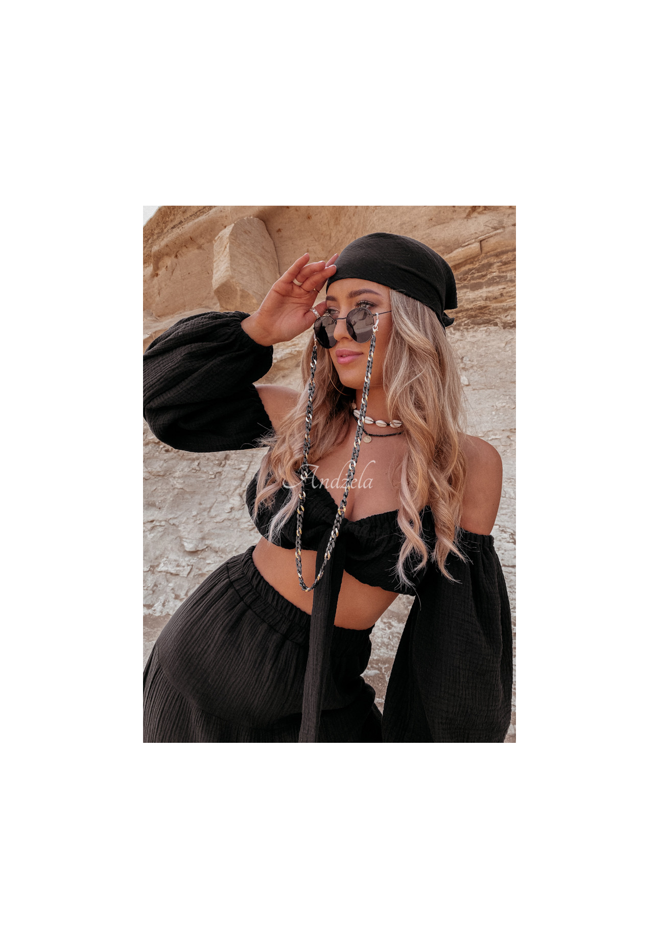 Musselinbluse im spanischen Stil mit Bindeband Malta Schwarz