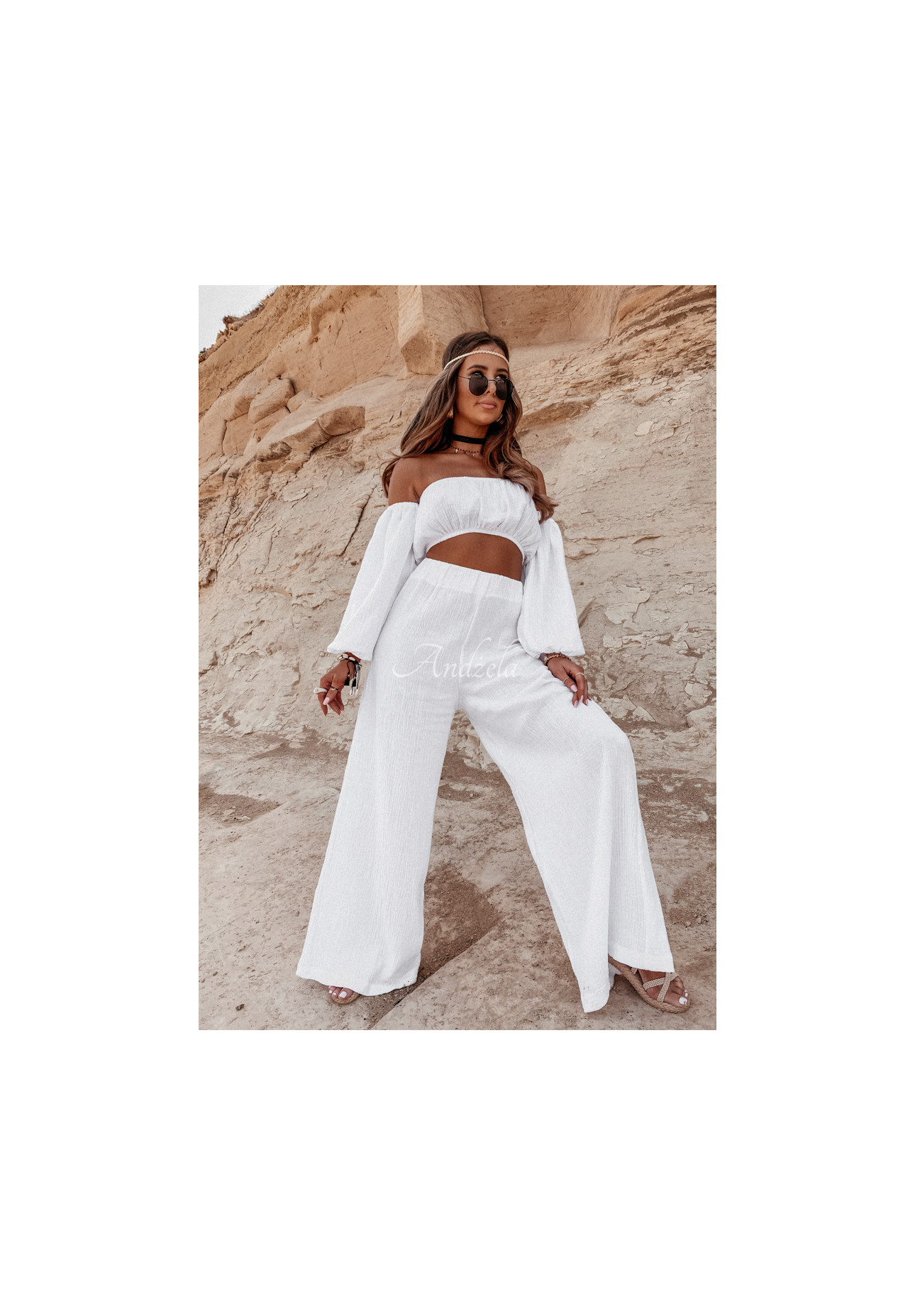 Musselin-Hose wide leg Malta Weiß