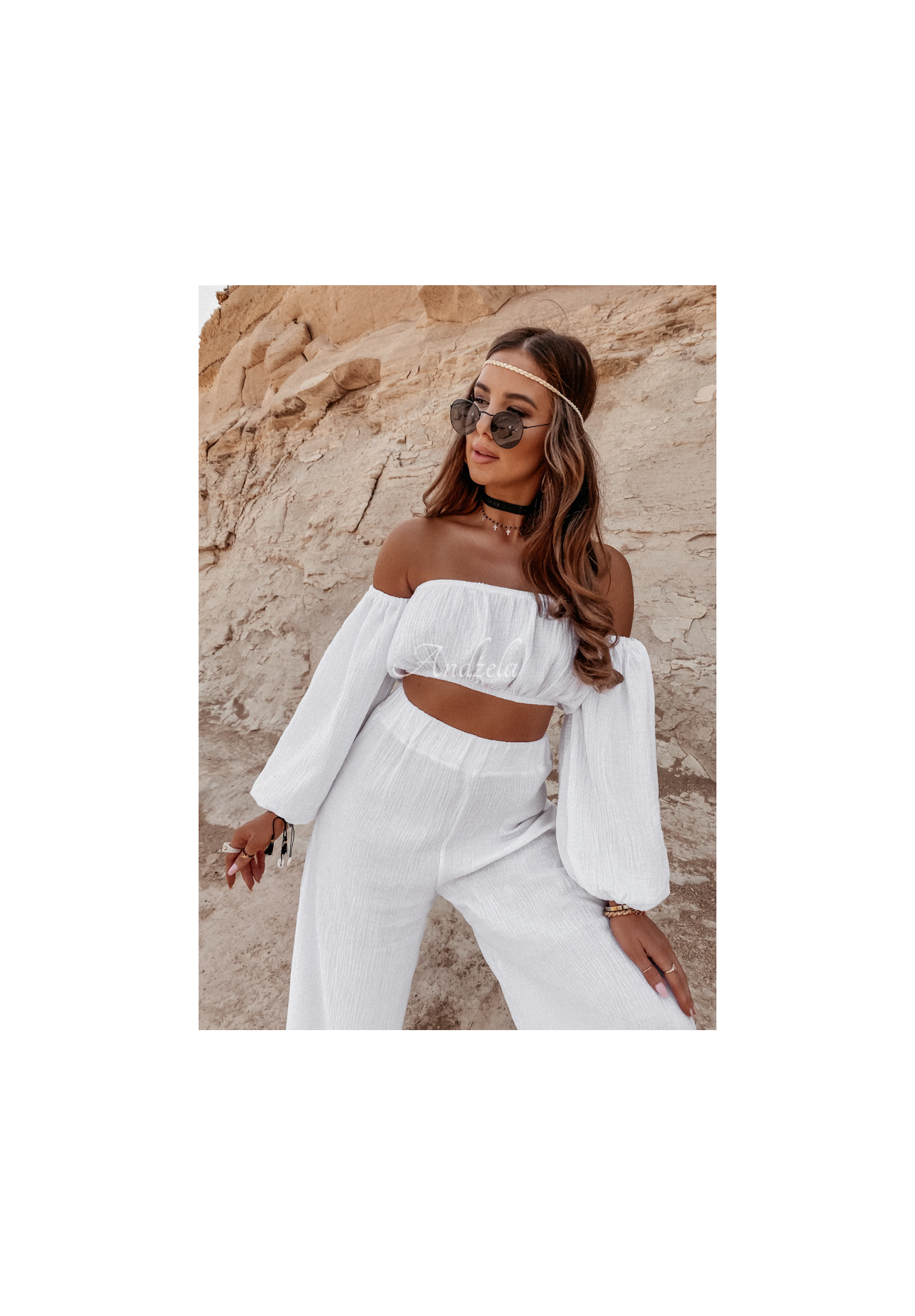 Musselin-Hose wide leg Malta Weiß