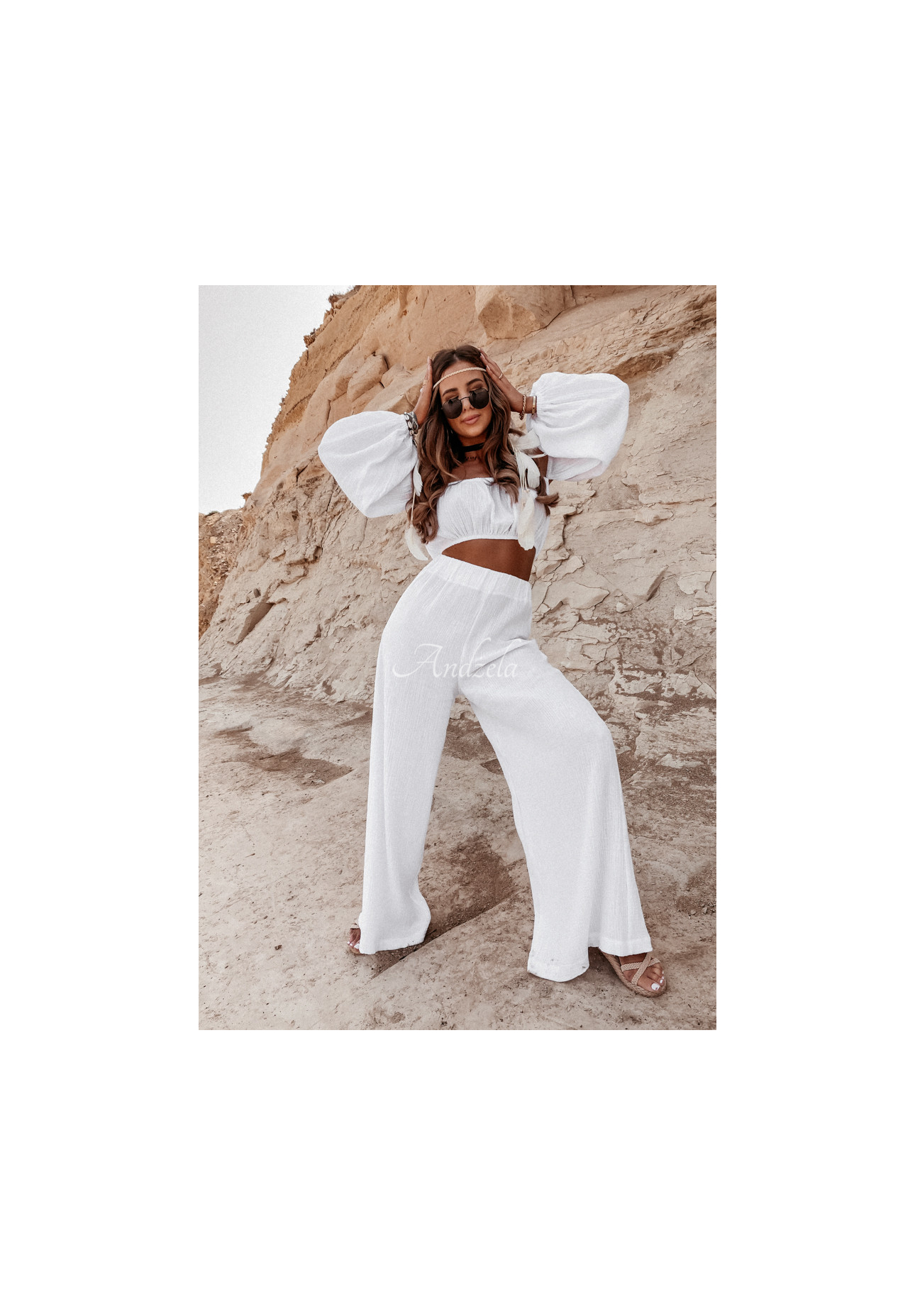 Musselin-Hose wide leg Malta Weiß