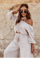 Muślinowe spodnie wide leg Malta beżowe