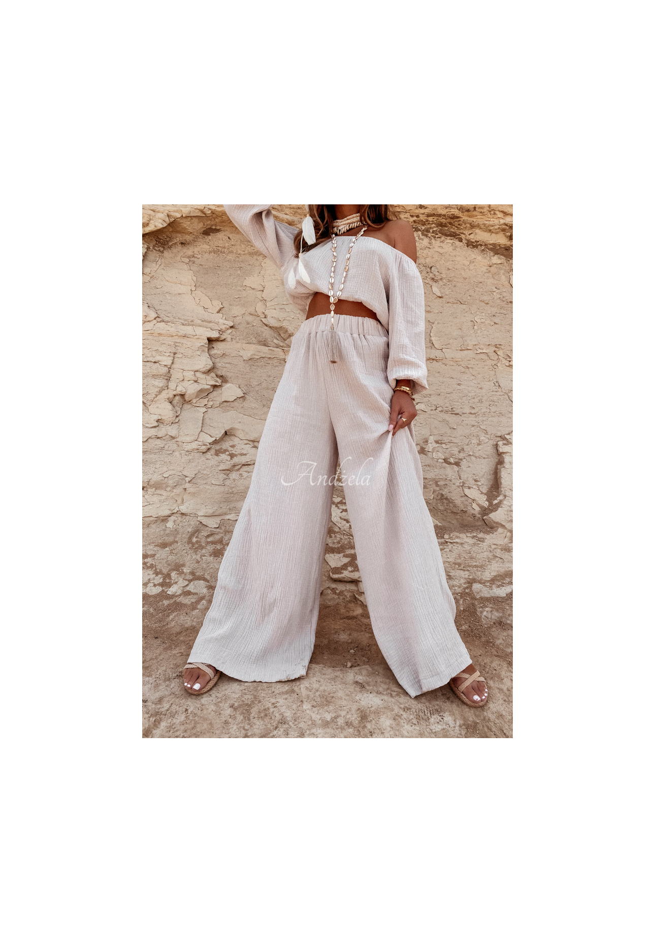 Musselin-Hose wide leg Malta Beige