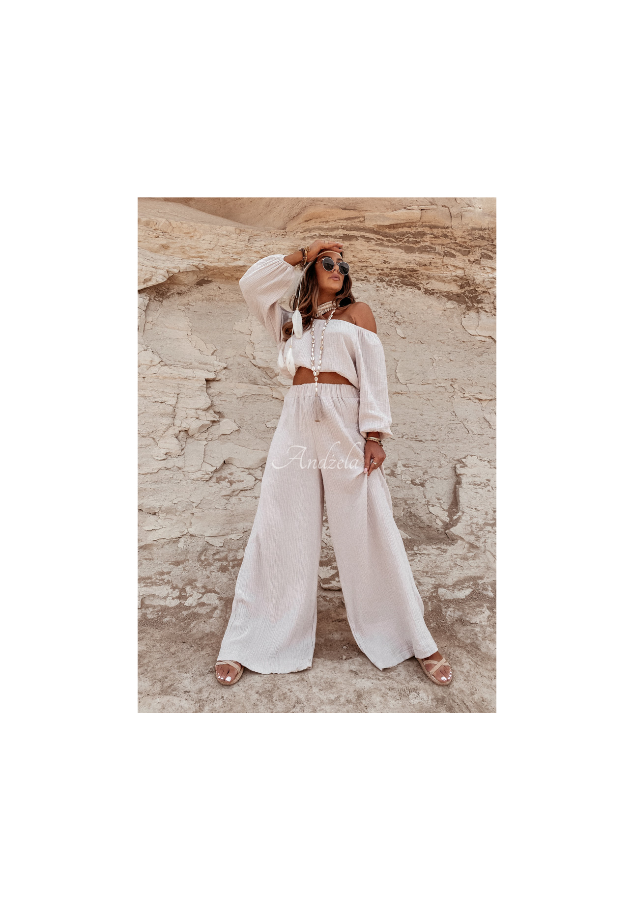 Musselin-Hose wide leg Malta Beige