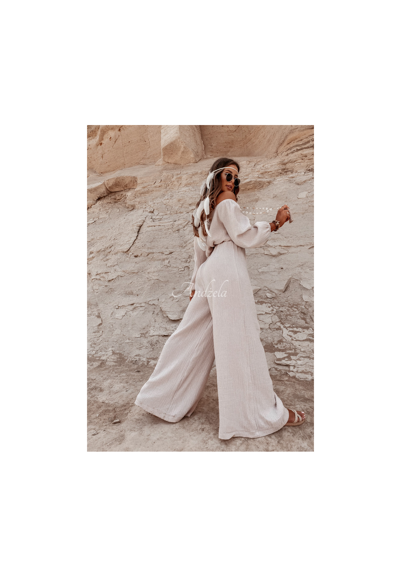 Musselin-Hose wide leg Malta Beige