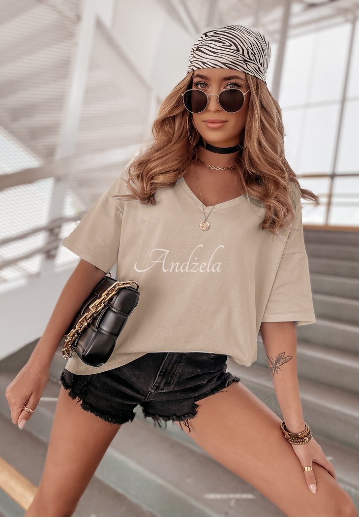 T-shirt oversize z dekoltem w serek Cascade beżowy