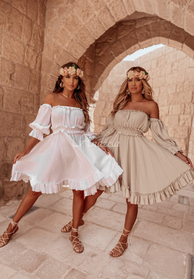 Kleid aus Musselin mit Rüschen im spanischen Stil Malta Weiß