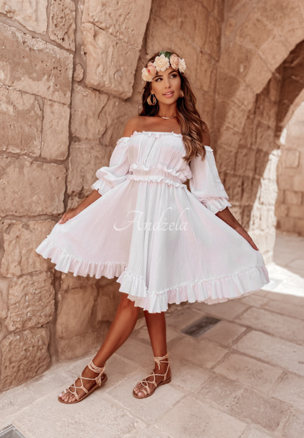 Kleid aus Musselin mit Rüschen im spanischen Stil Malta Weiß
