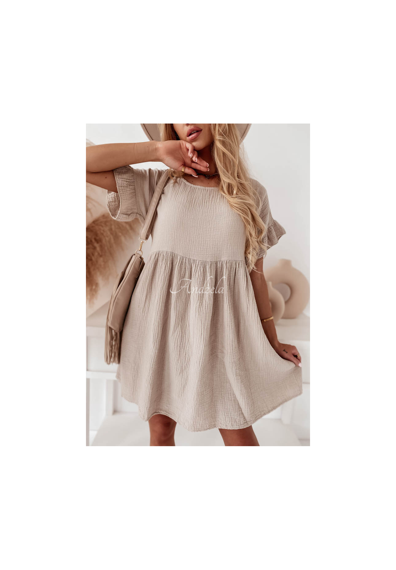 Musselin-Kleid mit Rüschen Laguna Beige