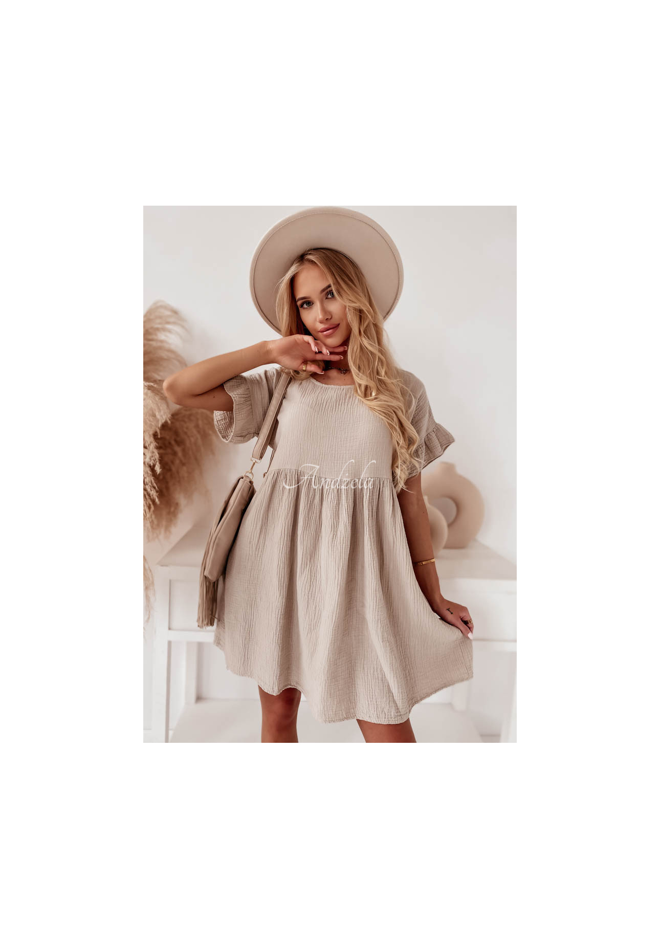 Musselin-Kleid mit Rüschen Laguna Beige