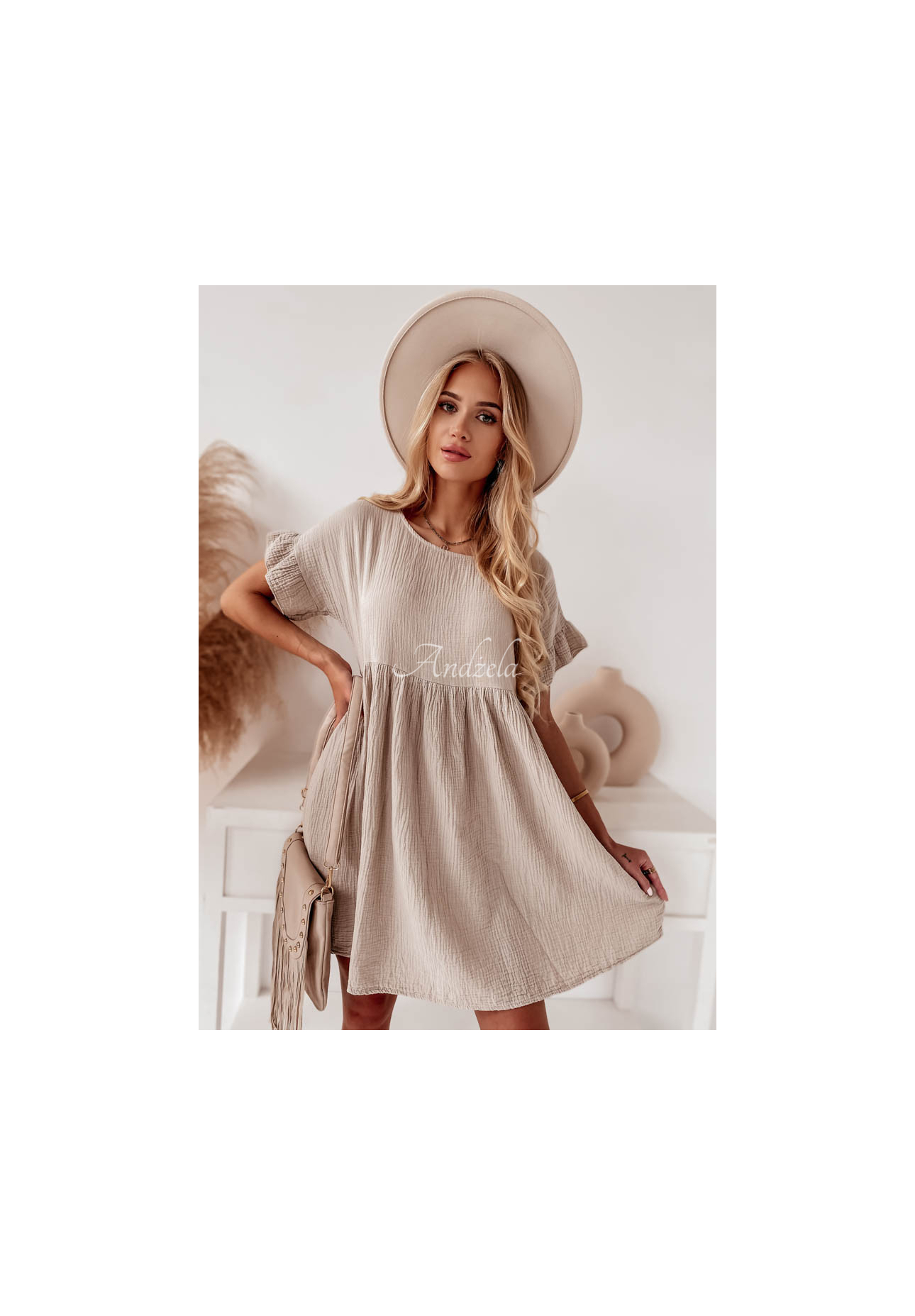 Musselin-Kleid mit Rüschen Laguna Beige