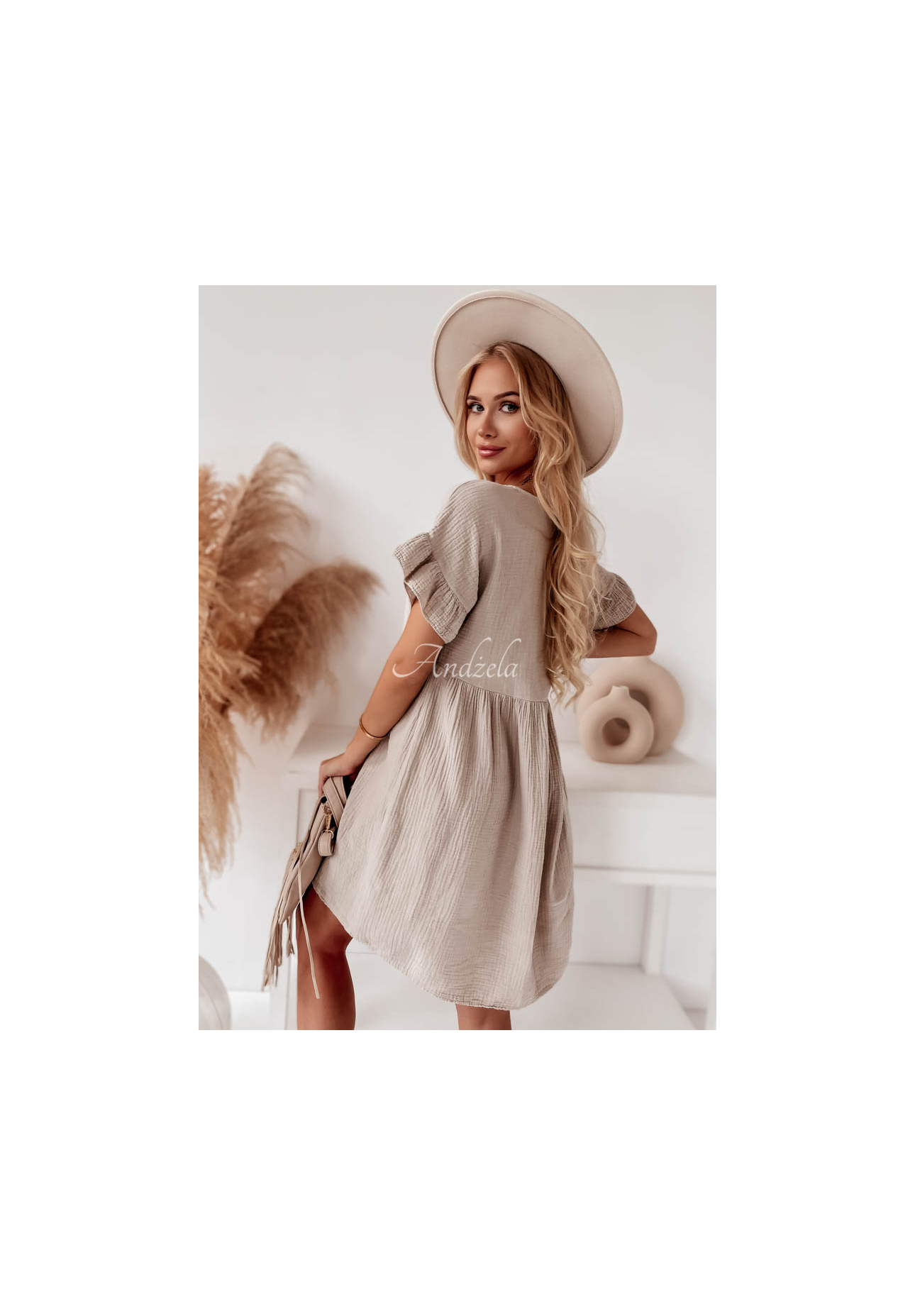 Musselin-Kleid mit Rüschen Laguna Beige