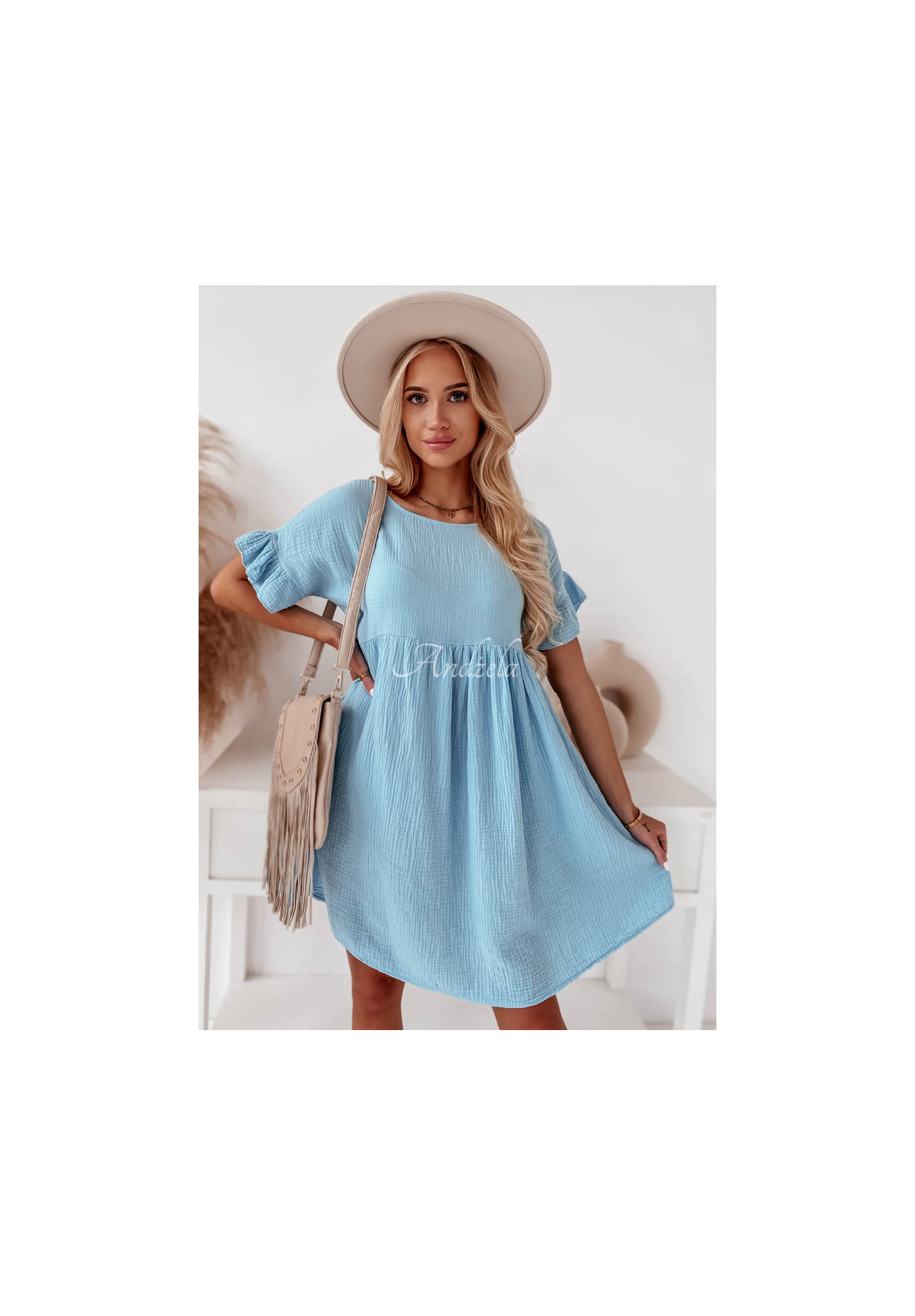 Musselin-Kleid mit Rüschen Laguna Himmelblau