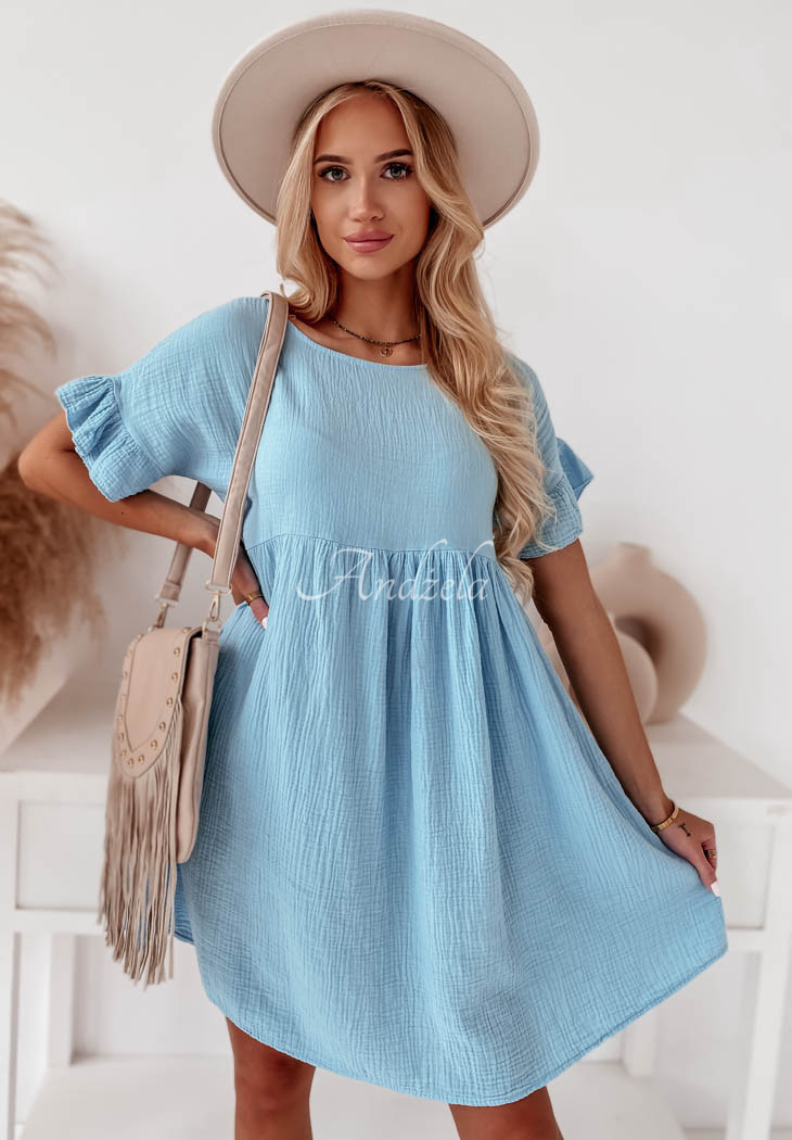 Muslin dress with frills Laguna blue