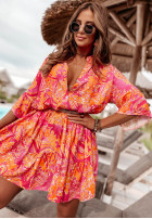 Wzorzysta sukienka z falbanką Ankona Mia pomarańczowo-różowa