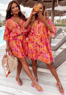Gemustertes Kleid mit Rüsche Ankona Mia Orange-Rosa