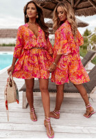 Wzorzysta sukienka z falbanką Ankona Mia pomarańczowo-różowa