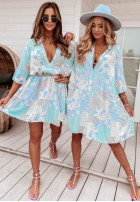 Wzorzysta sukienka z falbanką Ankona Flora niebieska