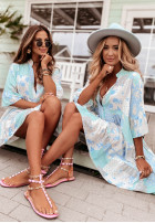 Wzorzysta sukienka z falbanką Ankona Flora niebieska