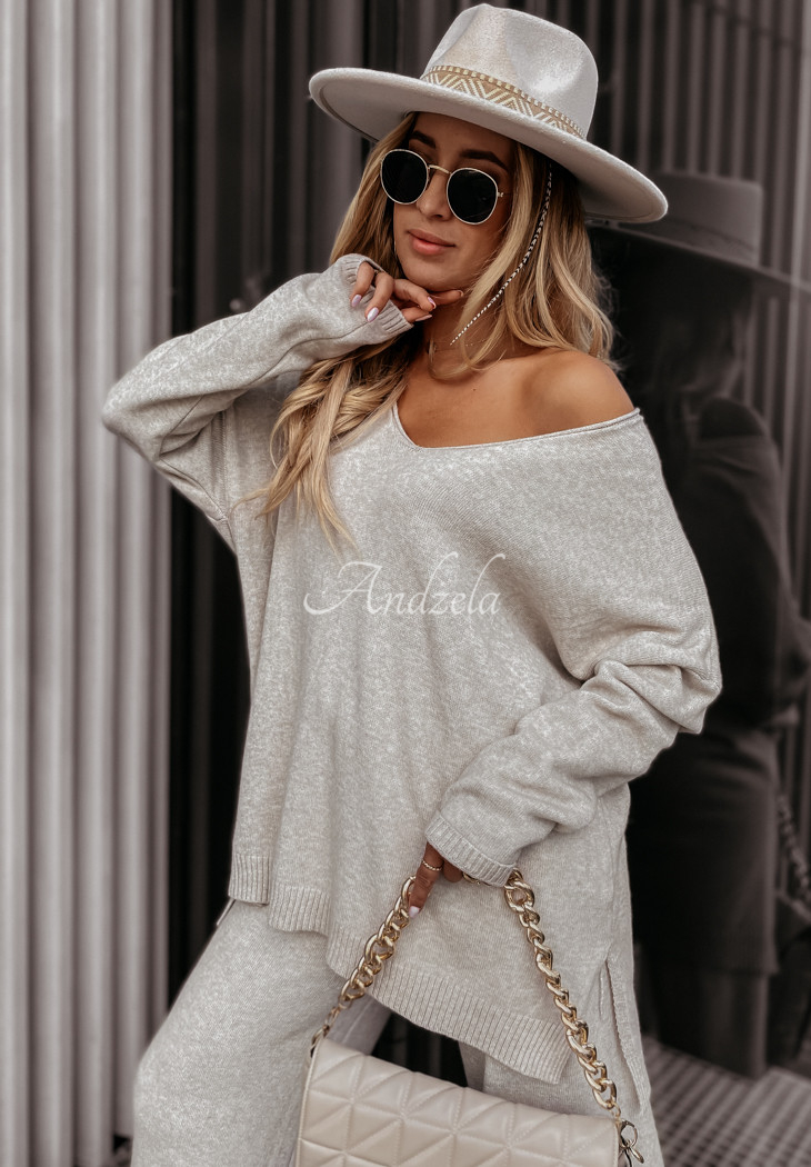 Sweter oversize z rozcięciami Desire beżowy