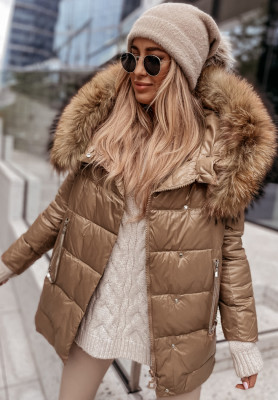 Asymmetrische Daunenjacke mit Fell Excellent Camel