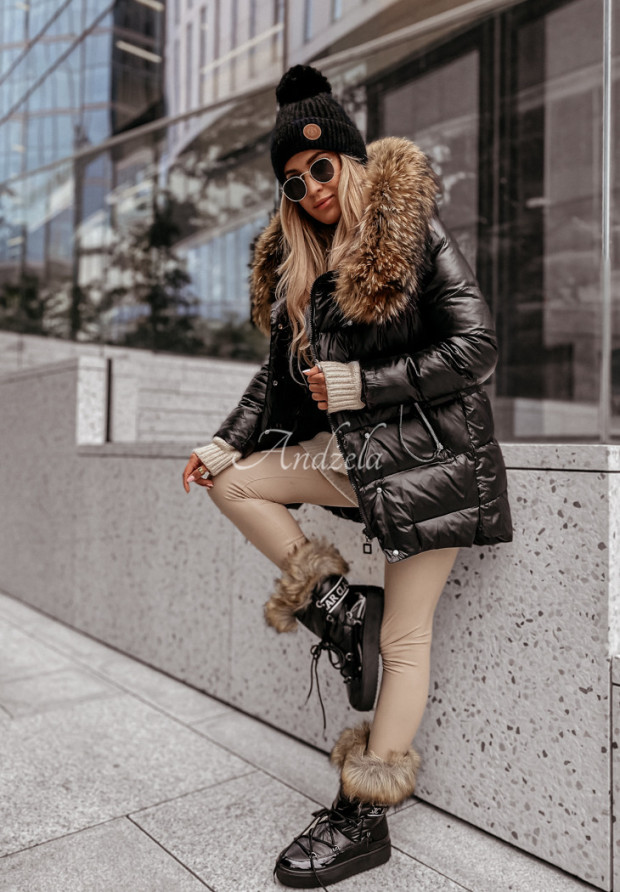 Asymmetrische Daunenjacke mit Fell Excellent Schwarz