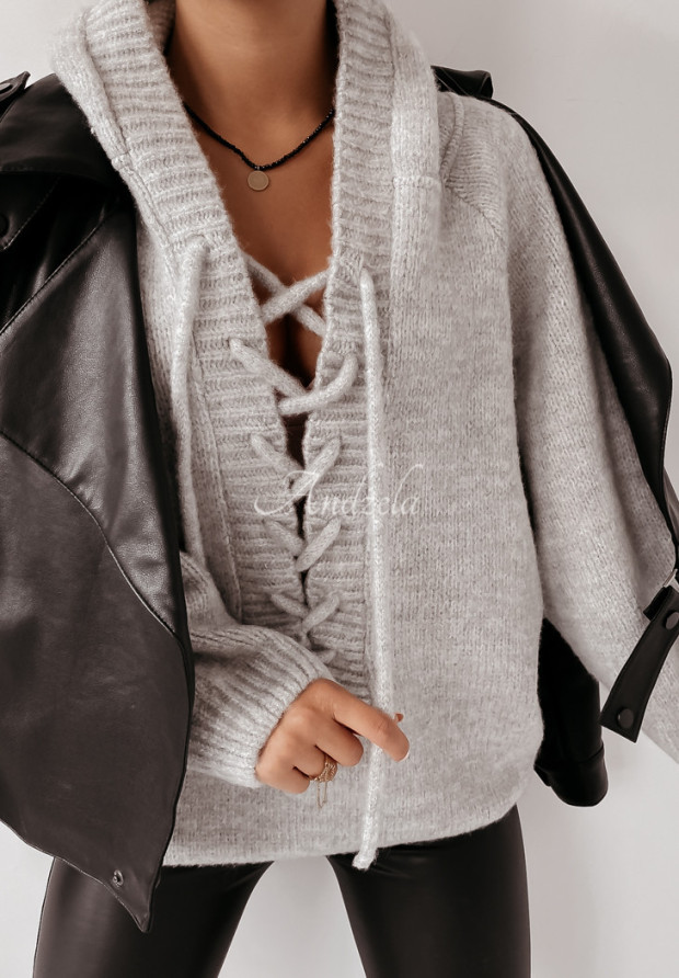 Oversize-Pullover mit Bindeband und Kapuze Laossi Grau