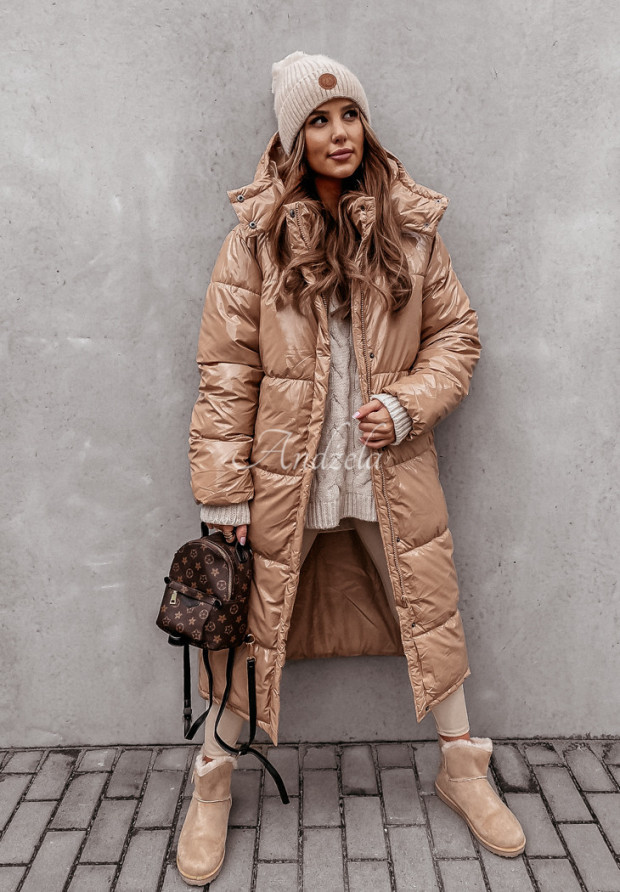 Lange Steppjacke mit Kapuze Islandia Camel