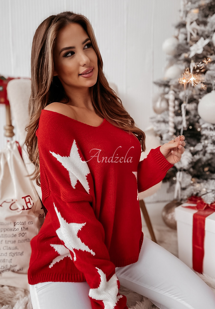 Oversize-Pullover mit Sternen Lucky Star Rot