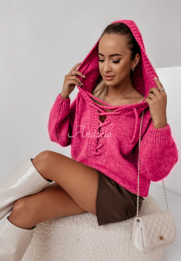 Oversize-Pullover mit Bindeband und Kapuze Laossi Neon Rosa