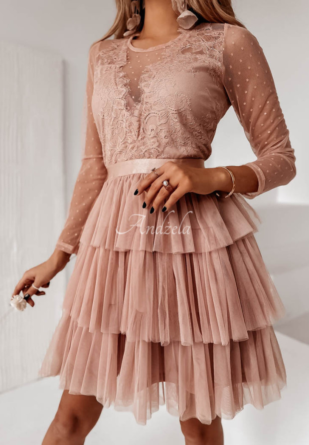 Tüllkleid mit Ausschnitt und Rüschen Damari Nude
