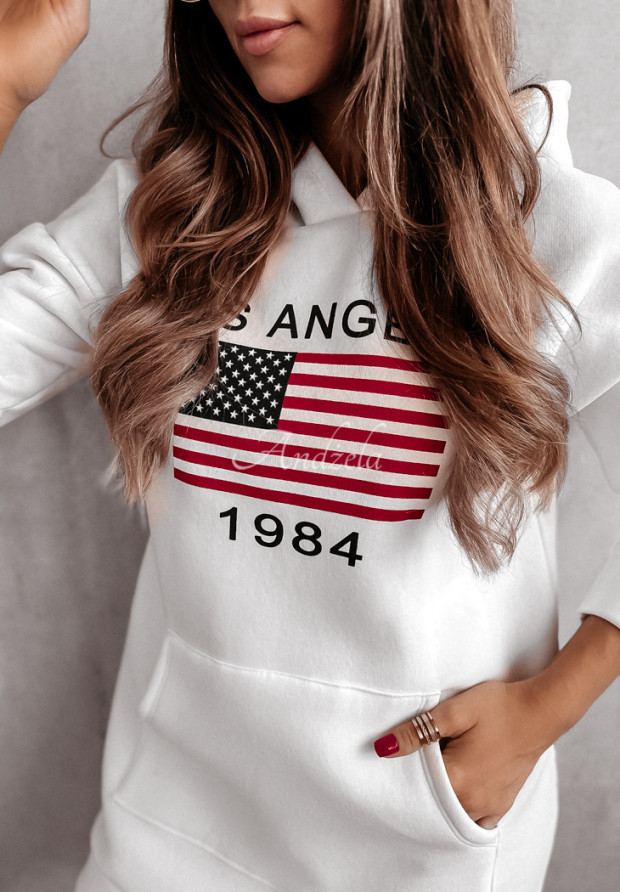 Langes Oversize-Sweatshirt mit Print und Kapuze Los Angeles Ecru